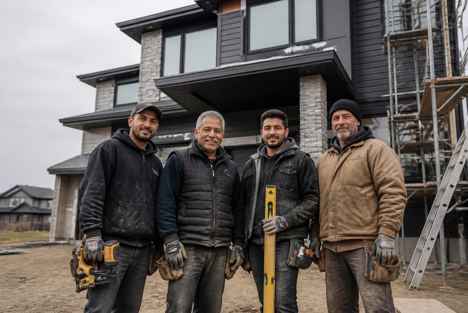 The Alex-IF Installation crew standing in front of a finished dark siding and stone home in Edmonton