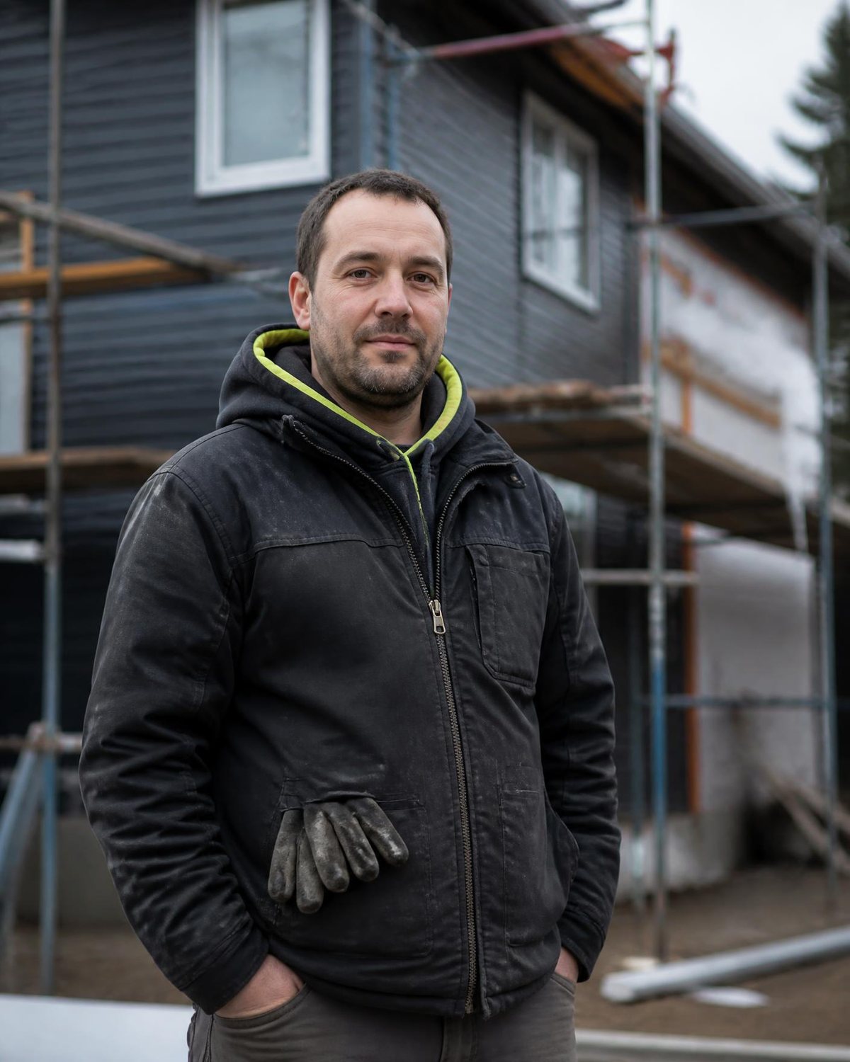 Alex, owner of Alex-IF Installation, on an Edmonton jobsite in front of a partly re-clad home
