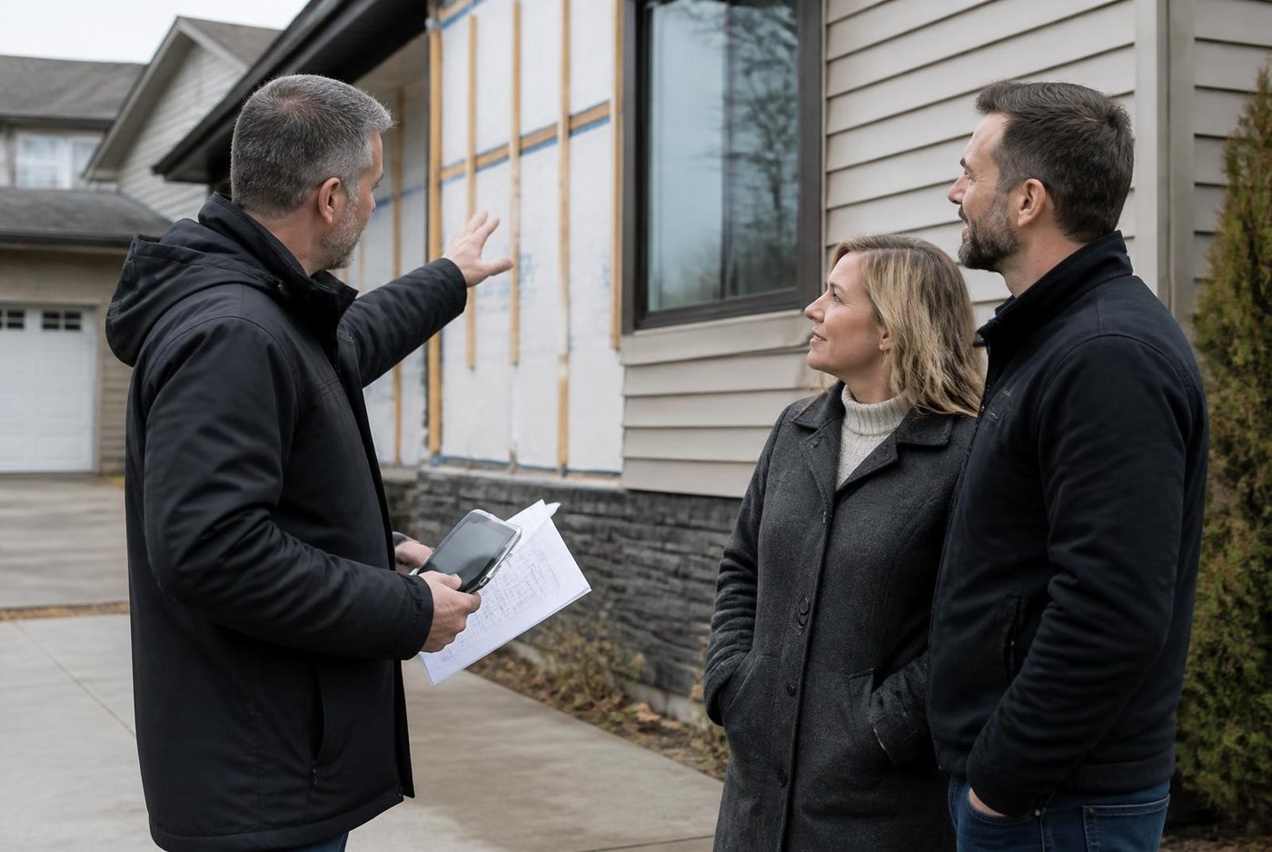 Alex walking homeowners through the exterior scope of work on their driveway